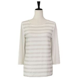Liz Claiborne Ivory & Toupe Striped Sequin 3/4 Sleeve Blouse Size S